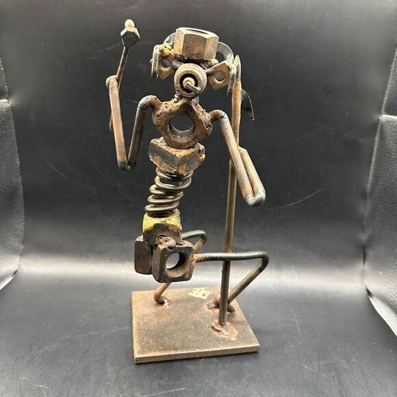 Vintage Metal Golfer Nuts Bolts Figure Flag Welded Art Unique Signed DFF Patina - Picture 3 of 16